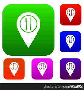 Map pin pointer with cafe or restaurant sign set icon color in flat style isolated on white. Collection sings vector illustration. Map pin pointer with cafe or restaurant sign set color collection