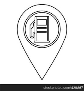 Map pin pointer with gas station sign icon. Outline illustration of map pin pointer with gas station sign vector icon for web. Map pin pointer with gas station sign icon