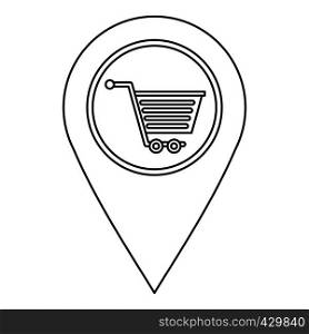 Map pin pointer with shopping cart sign icon. Outline illustration of map pin pointer with shopping cart sign vector icon for web. Map pin pointer with shopping cart sign icon