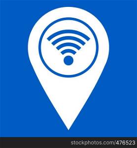 Map pin pointer with wi fi symbol icon white isolated on blue background vector illustration. Map pin pointer with wi fi symbol icon white