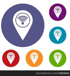 Map pin pointer with wi fi symbol icons set in flat circle red, blue and green color for web. Map pin pointer with wi fi symbol icons set