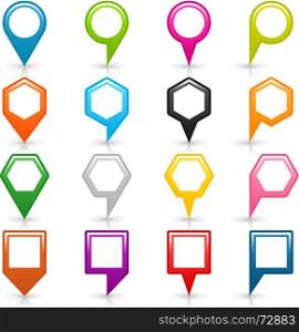 Map pin sign location icon with drop shadow. 16 blank map pins sign location icon with shadow reflection on white background. Set 03 Blue green pink orange gray black yellow brown violet colors shapes. Vector illustration 8 eps