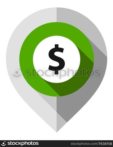 Map pin, symbol of Dollar, gps pointer folded from gray paper