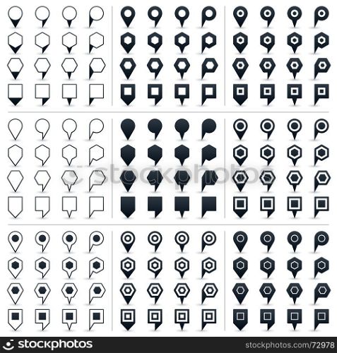 Map pins sign location icon in flat style. 100 and 44 map pins sign location icon with gray shadow in flat style. Set 01 Simple black shapes on white background. This vector illustration web design element save in 8 eps