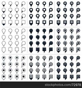 Map pins sign location icon in flat style. 100 and 44 map pins sign location icon with gray shadow in flat style. Set 01 Simple black shapes on white background. This vector illustration web design element save in 8 eps