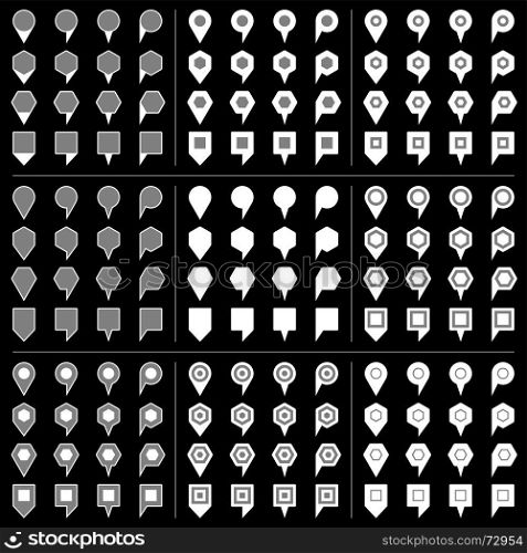 Map pins sign location icon with gray shadow. 100 and 44 map pins sign location icon with gray shadow in flat style. Set 07 Simple white shapes with gray accent on black background. This vector illustration web design element save in 8 eps
