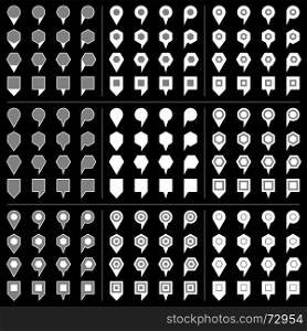 Map pins sign location icon with gray shadow. 100 and 44 map pins sign location icon with gray shadow in flat style. Set 07 Simple white shapes with gray accent on black background. This vector illustration web design element save in 8 eps