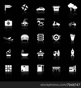 Map place icons with reflect on black background, stock vector