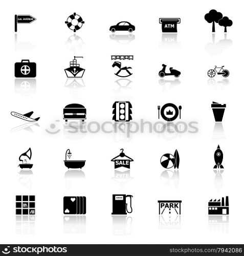 Map place icons with reflect on white background, stock vector