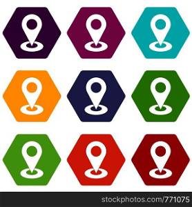 Map pointer icon set many color hexahedron isolated on white vector illustration. Map pointer icon set color hexahedron