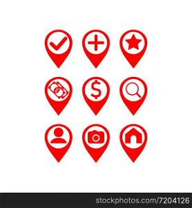 Map pointer icon set: pharmacy, store, currency exchange or geo pin, location in red or geolocation, gps, on isolated white background. EPS 10 vector. Map pointer icon set: pharmacy, store, currency exchange or geo pin, location in red or geolocation, gps, on isolated white background. EPS 10 vector.