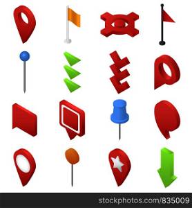 Map pointer pin arrow compass icons set. Isometric illustration of 16 map pointer pin arrow compass vector icons for web. Map pointer pin arrow icons set, isometric style