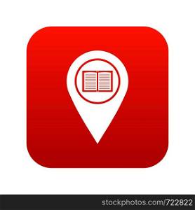 Map pointer with book icon digital red for any design isolated on white vector illustration. Map pointer with book icon digital red
