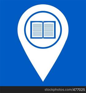 Map pointer with book icon white isolated on blue background vector illustration. Map pointer with book icon white