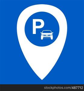 Map pointer with car parking icon white isolated on blue background vector illustration. Map pointer with car parking icon white