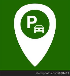 Map pointer with car parking icon white isolated on green background. Vector illustration. Map pointer with car parking icon green