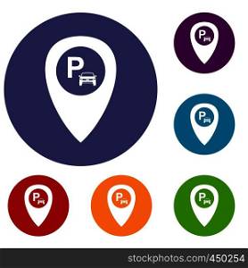 Map pointer with car parking icons set in flat circle reb, blue and green color for web. Map pointer with car parking icons set