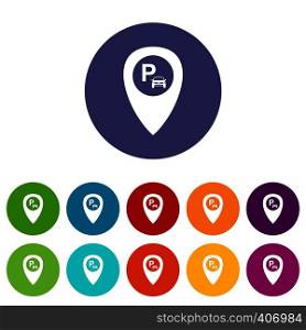 Map pointer with car parking set icons in different colors isolated on white background. Map pointer with car parking set icons
