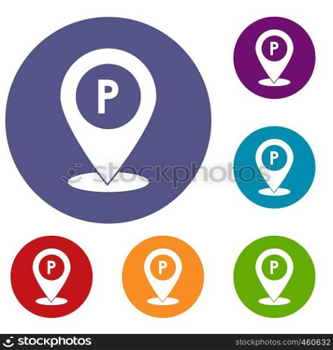 Map pointer with car parking sign icons set in flat circle reb, blue and green color for web. Map pointer with car parking sign icons set