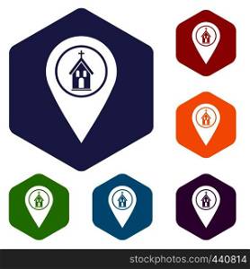 Map pointer with church, cathedral or temple sign icons set hexagon isolated vector illustration. Map pointer with church icons set hexagon