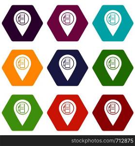 Map pointer with gas station symbol icon set many color hexahedron isolated on white vector illustration. Map pointer with gas station symbol icon set color hexahedron