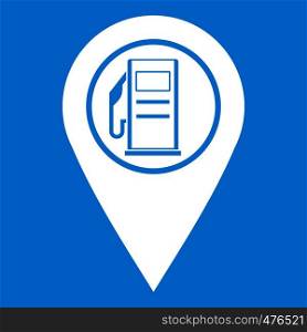Map pointer with gas station symbol icon white isolated on blue background vector illustration. Map pointer with gas station symbol icon white
