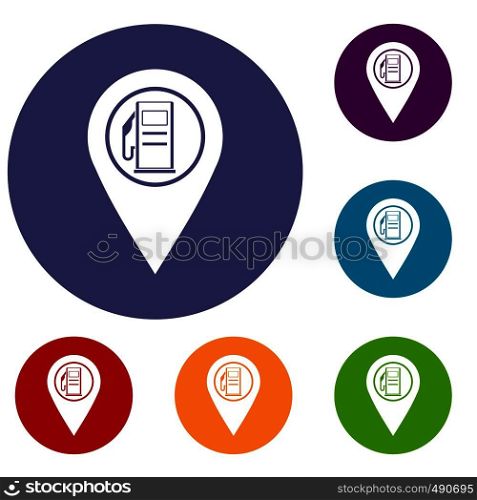 Map pointer with gas station symbol icons set in flat circle red, blue and green color for web. Map pointer with gas station symbol icons set
