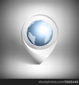 Map pointer with globe of world. White icon template vector.. Map pointer with globe of world. White icon template vector