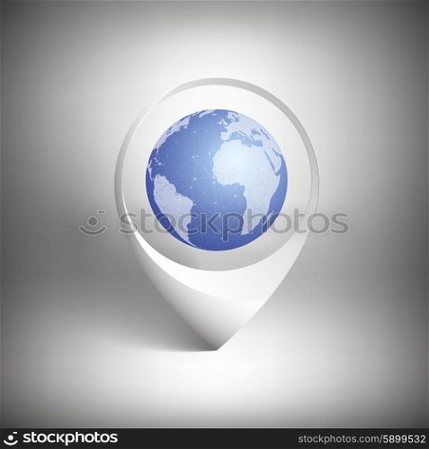 Map pointer with globe of world. White icon template vector.. Map pointer with globe of world. White icon template vector