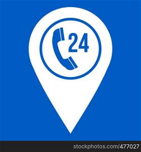 Map pointer with phone handset sign icon white isolated on blue background vector illustration. Map pointer with phone handset icon white