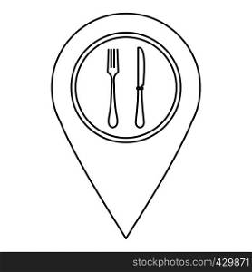 Map pointer with restaurant sign icon. Outline illustration of map pointer with restaurant sign vector icon for web. Map pointer with restaurant sign icon