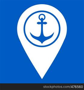 Map pointer with symbol anchor and sea port icon white isolated on blue background vector illustration. Map pointer with symbol anchor and sea port icon