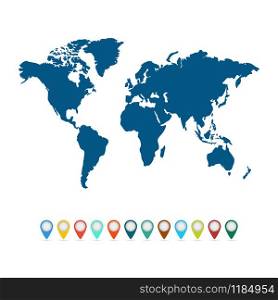 Map pointers with world map vector isolated on white background. Map pointers with world map vector isolated on white