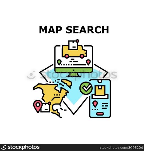Map Search App Vector Icon Concept. Map Search Application For Tracking Order Online, Worldwide Shipment Search Package On Computer Display. Delivery Service Monitoring Color Illustration. Map Search App Vector Concept Color Illustration