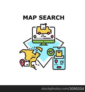 Map Search App Vector Icon Concept. Map Search Application For Tracking Order Online, Worldwide Shipment Search Package On Computer Display. Delivery Service Monitoring Color Illustration. Map Search App Vector Concept Color Illustration