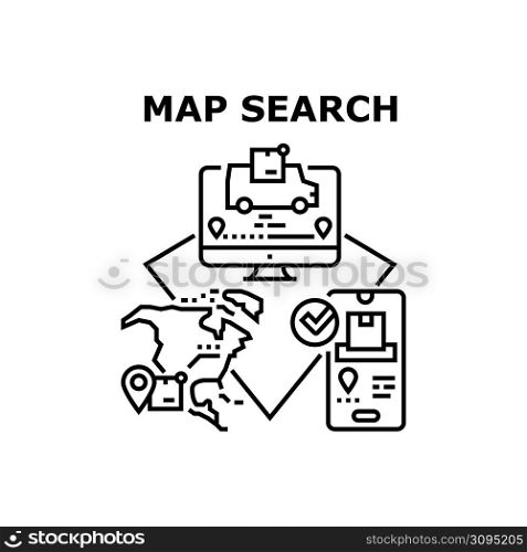Map Search App Vector Icon Concept. Map Search Application For Tracking Order Online, Worldwide Shipment Search Package On Computer Display. Delivery Service Monitoring Black Illustration. Map Search App Vector Concept Black Illustration