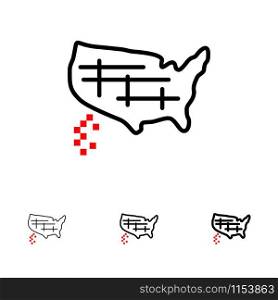 Map, States, United, Usa Bold and thin black line icon set