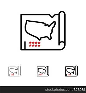 Map, States, United, Usa Bold and thin black line icon set