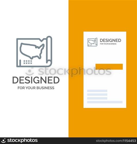Map, States, United, Usa Grey Logo Design and Business Card Template