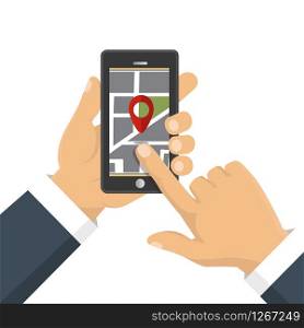 Map. The concept of navigation, delivery. Hand holding a phone and indicates the location on the map. Vector illustration. Vector illustration. Map. The concept of navigation, delivery. Hand holding a phone and indicates the location on the map.