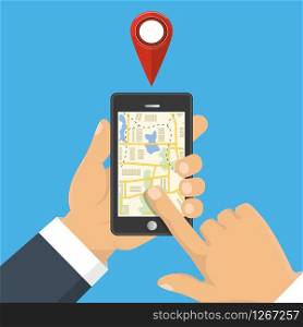 Map. The concept of navigation, delivery. Hand holding a phone and indicates the location on the map. Vector illustration. Vector illustration. Map. The concept of navigation, delivery. Hand holding a phone and indicates the location on the map.