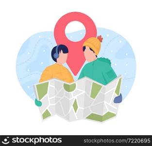 Map tracking for winter hiking 2D vector isolated illustration. Man and woman on trip. Couple searching for route together flat characters on cartoon background. Wintertime recreation colourful scene. Map tracking for winter hiking 2D vector isolated illustration