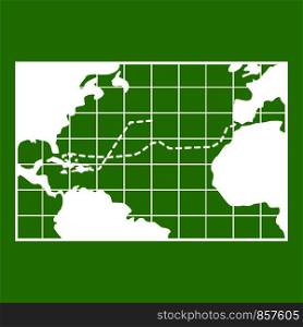 Map trips of Columbus icon white isolated on green background. Vector illustration. Map trips of Columbus icon green