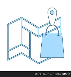 Map With Delivery Food Bag Icon. Thin Line With Blue Fill Design. Vector Illustration.