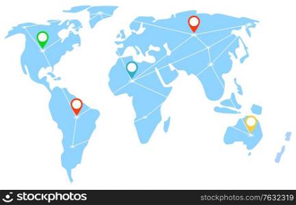 Map with location pointers connected with lines, continents with countries and geotag. Connection and international communication worldwide. Delivery in different country. Vector in flat cartoon style. International Business Relations Map with Signs