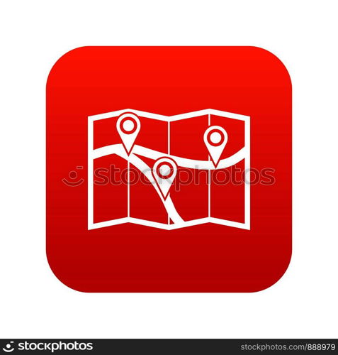 Map with pin pointers icon digital red for any design isolated on white vector illustration. Map with pin pointers icon digital red