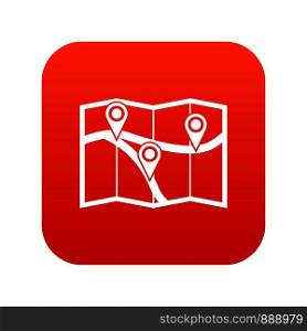 Map with pin pointers icon digital red for any design isolated on white vector illustration. Map with pin pointers icon digital red