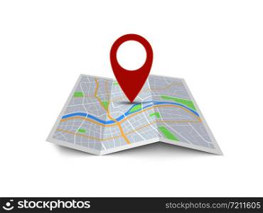 Map with pin. Red direction pointer on folded city map, gps navigation and travel location vector position search sticker 3d icon. Map with pin. Red direction pointer on folded city map, gps navigation and travel location vector 3d icon