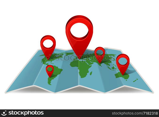 Map with pointer navigations. Navigation Concept picture with realistic map pointer. World map pinpoint location gps place, navigation point mark, vector illustration. Map with pointer navigations. Navigation Concept picture with realistic map pointer