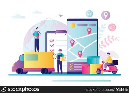 Map with points on smartphone screen. Male courier delivers parcels on motorbike. Concept of logistics, business and transportation. Tracking delivery with mobile phone. Flat vector illustration. Map with points on smartphone screen. Male courier delivers parcels on motorbike. Concept of logistics, business and transportation
